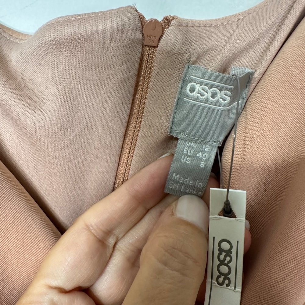 ASOS Maternity Fallen Shoulder Pleated Puff Sleeve Pencil Midi Dress‎ Rose Sz 8 - Picture 10 of 13